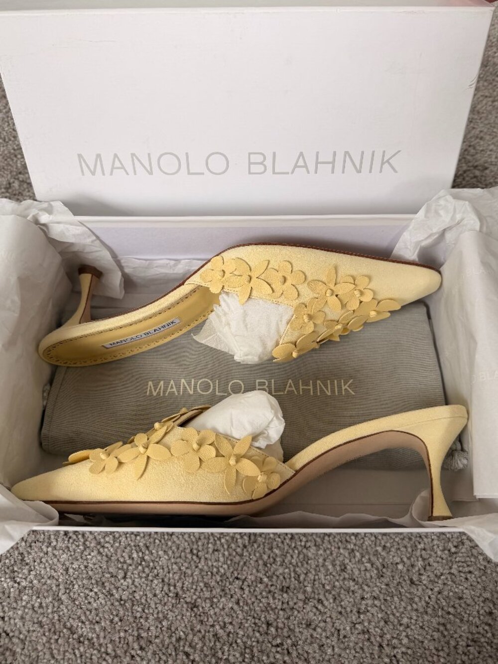 BRAND NEW NEVER USED- Manolo Blahnik Yellow Harnes Floral Suede Mule, Size 41 - Picture 7 of 8
